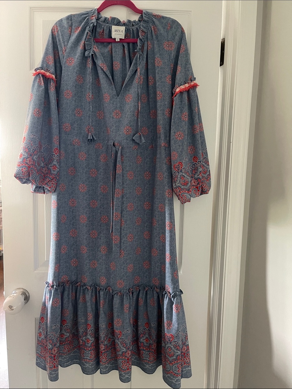 Misa Los Angeles Blue and Red Paisley-Print Tassel Midi Dress